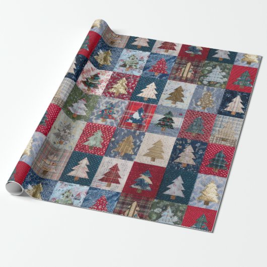Festliches Patchwork-Weihnachtsbaum-Muster (4) Geschenkpapier (Ungerollt)