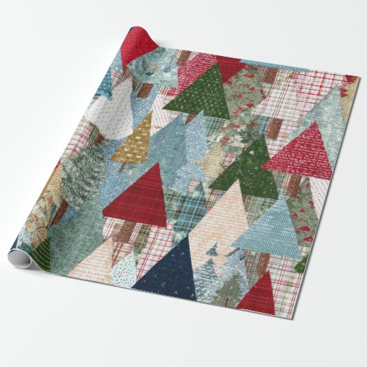 Festliches Patchwork-Weihnachtsbaum-Muster Geschenkpapier (Ungerollt)