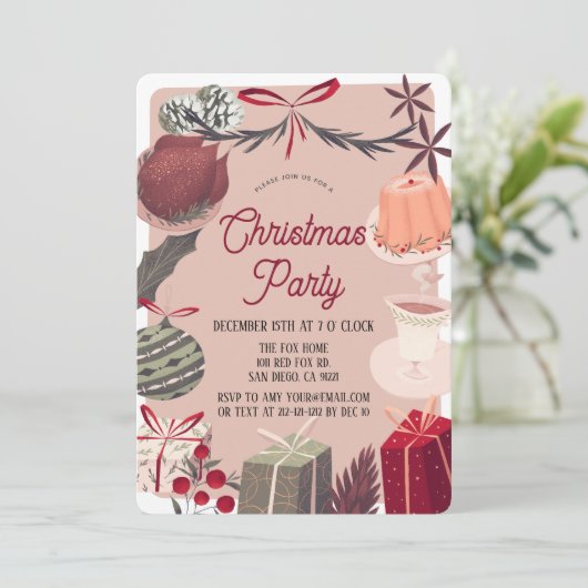 Festliches Pink Weihnachtsfest Abendessen Party Einladung (Stehend Vorderseite)