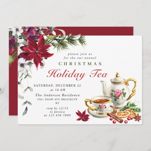 Festliches Poinsettia Weihnachtsfest Tea Party Einladung (Vorne/Hinten)
