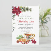 Festliches Poinsettia Weihnachtsfest Tea Party Einladung (Stehend Vorderseite)