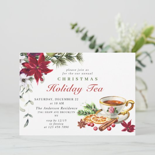 Festliches Poinsettia Weihnachtsfest Tea Party Einladung (Stehend Vorderseite)