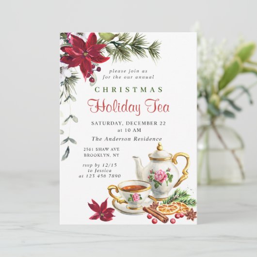 Festliches Poinsettia Weihnachtsfest Tea Party Einladung (Stehend Vorderseite)