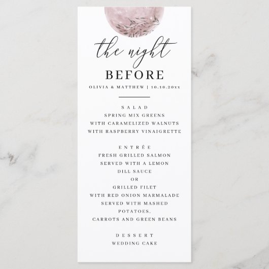 Festliches Probe Abendessen | Rosa Blush Moon Menükarte (Vorderseite)