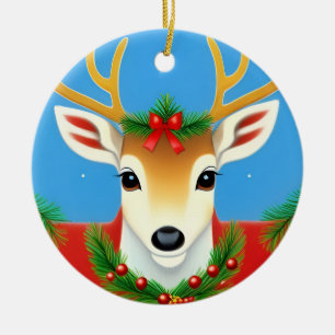 Festliches Rentier mit Weihnachtsgirlande Keramik Ornament