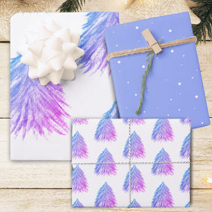 Festliches Rosa Blau Weihnachtsbaum Wasserfarbe  Geschenkpapier Set