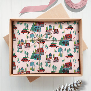 Festliches Rosa Dorf & Auto-Weihnachtsbaum Retro W Seidenpapier
