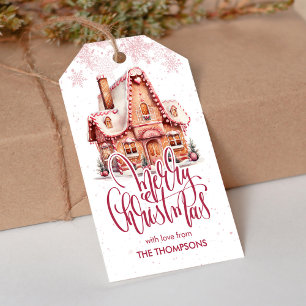 Festliches rosa Lebkuchenhäuschen-Weihnachtsgesche Geschenkanhänger
