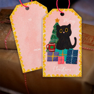 Festliches Rosa Schwarzes Katze Kaffee Weihnachten Geschenkanhänger