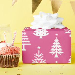 Festliches rosa und weißes Weihnachtsbaum-Muster Geschenkpapier