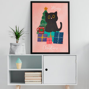 Festliches rosa Weihnachts-Cute-Cat-Coffee-Wandkun Poster