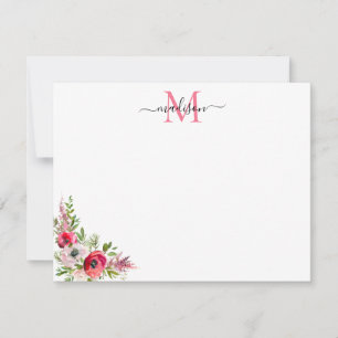 Festliches Rot Pink Florales Weihnachts- Monogramm Mitteilungskarte