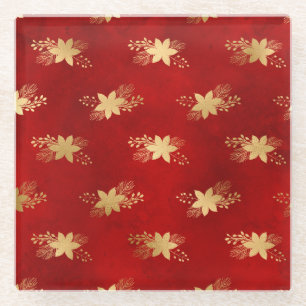 Festliches Rot und Gold Folie Winter-Poinsettie Glasuntersetzer