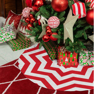 Festliches Rot-Weiß-Chevron Polyester Weihnachtsbaumdecke