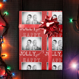 Festliches Rot-Weiß-Typografie-Weihnachtsfoto Geschenkpapier