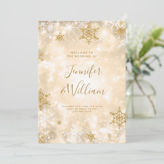 Festliches Sparkle Gold Winter Hochzeitsprogramm Einladung (Stehend Vorderseite)