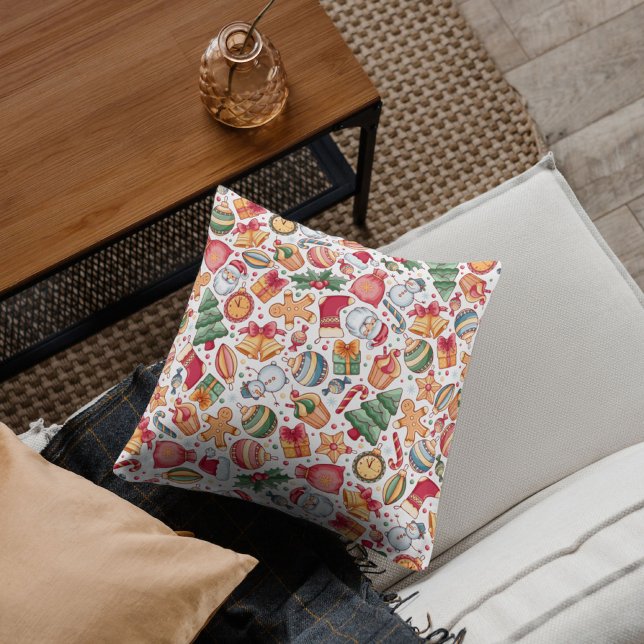 Festliches traditionelles Wasserfarbmuster Weihnac Kissen (Merry Christmas and happy new year Santa ho ho ho)