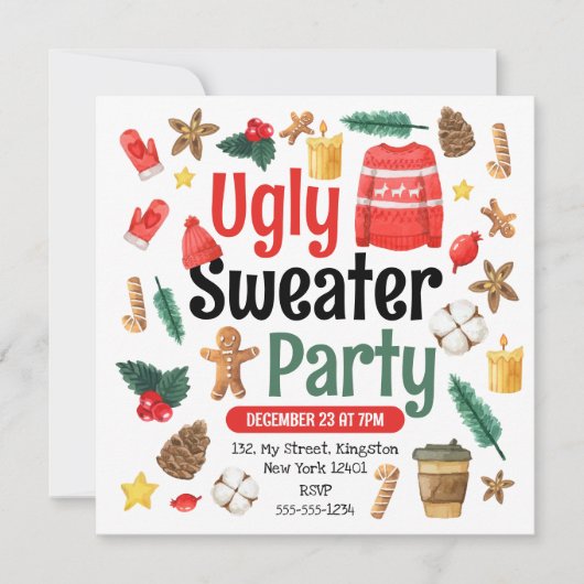 Festliches Ugly Sweater Party Wasserfarbe Einladung (Vorderseite)