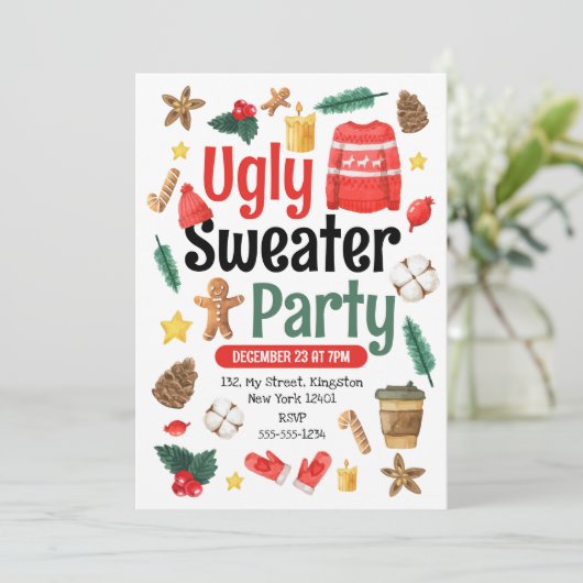 Festliches Ugly Sweater Party Wasserfarbe Einladung (Stehend Vorderseite)