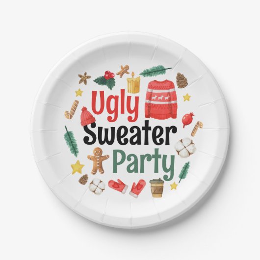 Festliches Ugly Sweater Party Wasserfarbe Pappteller (Vorderseite)