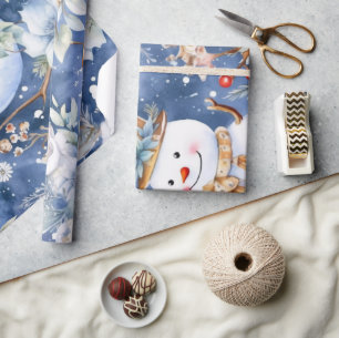 Festliches Vintage-Schneemann- & Weihnachtsblumenm Geschenkpapier