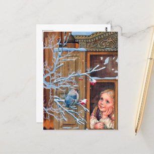 festliches vintage Weihnachtsmädchen und Vogel Url Postkarte