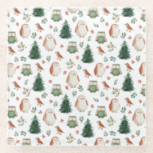 Festliches Vintage-Weihnachtsvogel-Waldmuster Glasuntersetzer