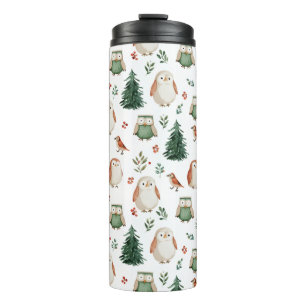 Festliches Vintage-Weihnachtsvogel-Waldmuster Thermosbecher