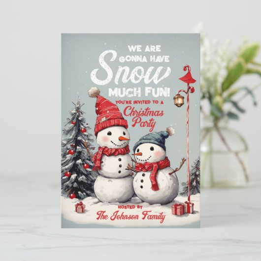 Festliches Vintages Snowman Weihnachts-Party Einladung (Stehend Vorderseite)