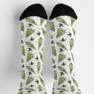Festliches Wasserfarben-Weihnachtsbaum-Stechpalmen Socken