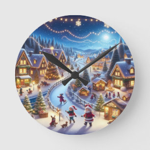 Festliches Weihnachtsdorf Winter Nacht Runde Wanduhr
