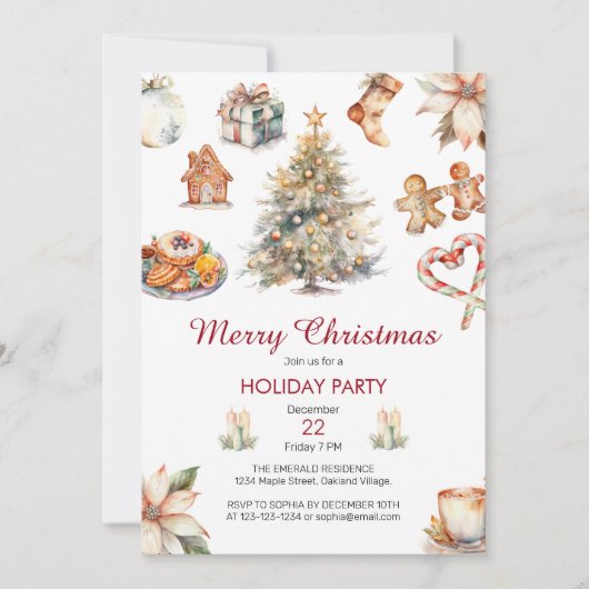 Festliches Weihnachtsfest im Wasserfarben - Party Einladung (Vorderseite)