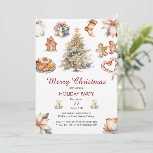 Festliches Weihnachtsfest im Wasserfarben - Party Einladung (Stehend Vorderseite)