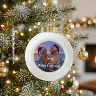 Festliches Weihnachtsfoto-Design mit Skript-Grußka Keramik Kugel-Ornament