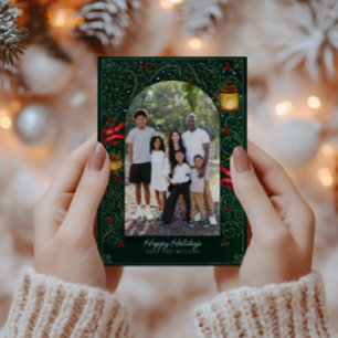 Festliches Weihnachtsgrün und goldene elegante Fam Feiertagskarte