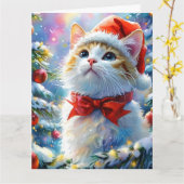 Festliches White Kitten in einer Weihnachtsmannmüt Karte (Gelbe Blume)