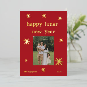 Festsches rotes Gold Mondneujahrs-Familienfoto Folien Feiertagskarte
