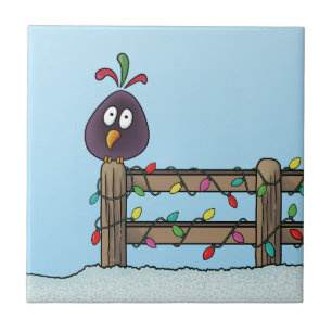 Festtagsgrüße Cartoon-Vogel auf Zaun Fliese
