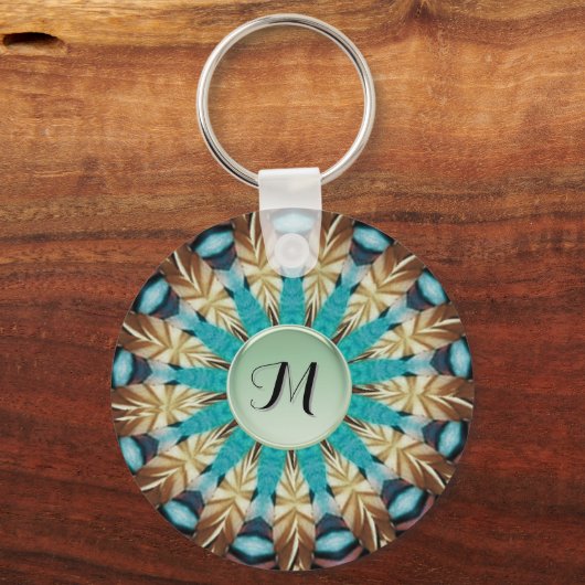 Fether Aquamarin, braun, blau und grün Mandala Schlüsselanhänger (Rückseite)