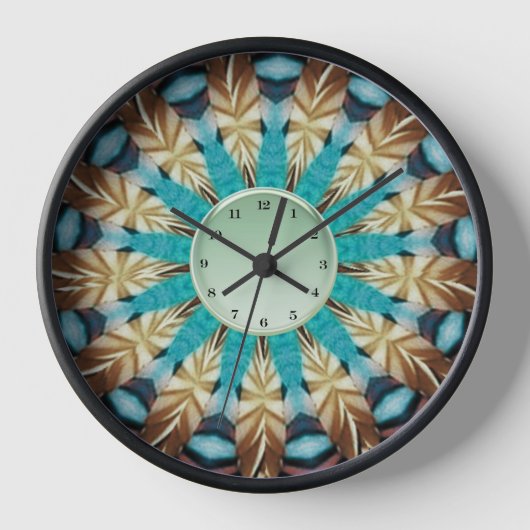 Fether Aquamarin, braun, blau und grün Mandala Uhr (Vorderseite)