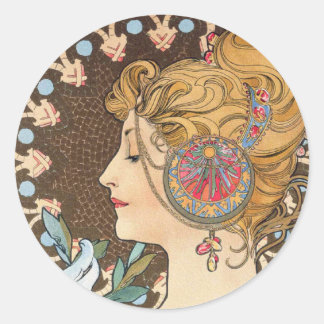 Fether by Alphonse Mucha - Vintager Jugendstil Runder Aufkleber