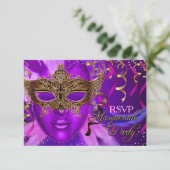 Fether Lila & Gold Maske Masquerade Party UAWG RSVP Karte (Stehend Vorderseite)