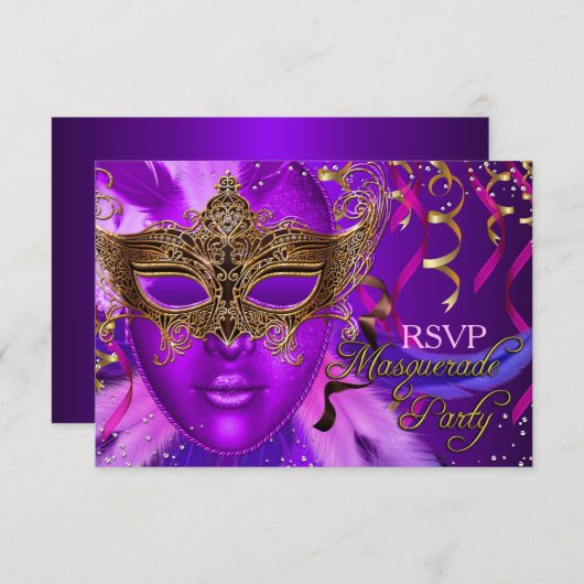 Fether Lila & Gold Maske Masquerade Party UAWG RSVP Karte (Vorne/Hinten)