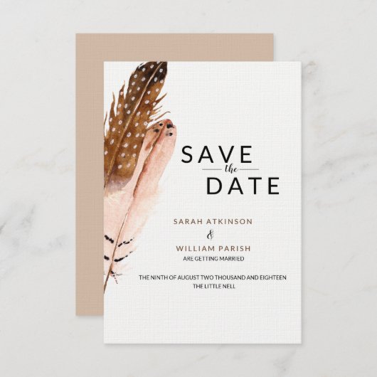 Fether Watercolor Save the Date Card Einladung (Vorne/Hinten)
