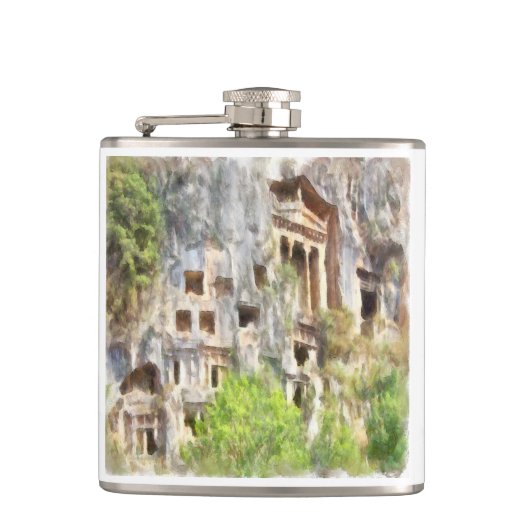 Fethiye Ancient Lycian Tombs Wasserfarbe Flachmann (Vorderseite)