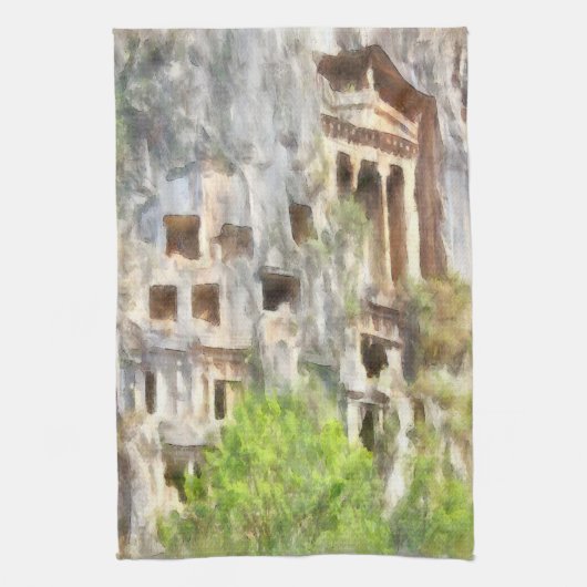 Fethiye Ancient Lycian Tombs Wasserfarbe Geschirrtuch (Vertikal)