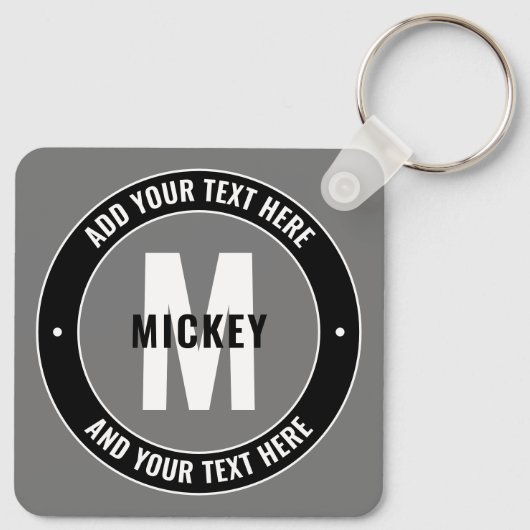 Fett bearbeitbarer Text und Monogramm | Schwarz-we Schlüsselanhänger (Rückseite)