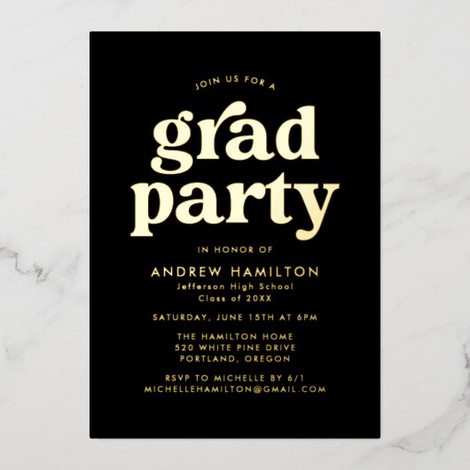 Fett Black and Gold Foto Graduation Party Folieneinladung (Vorderseite)