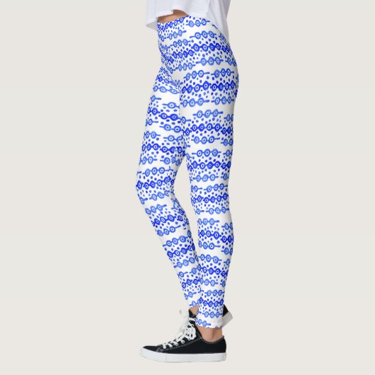 Fett Blau Weiß Batik Circle Block Print Abstrakt Leggings (Links)