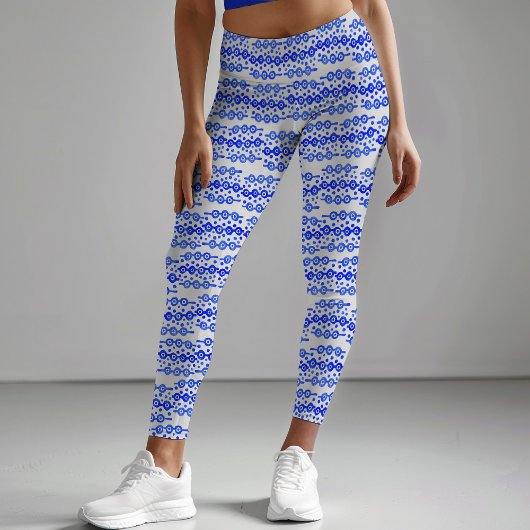 Fett Blau Weiß Batik Circle Block Print Abstrakt Leggings